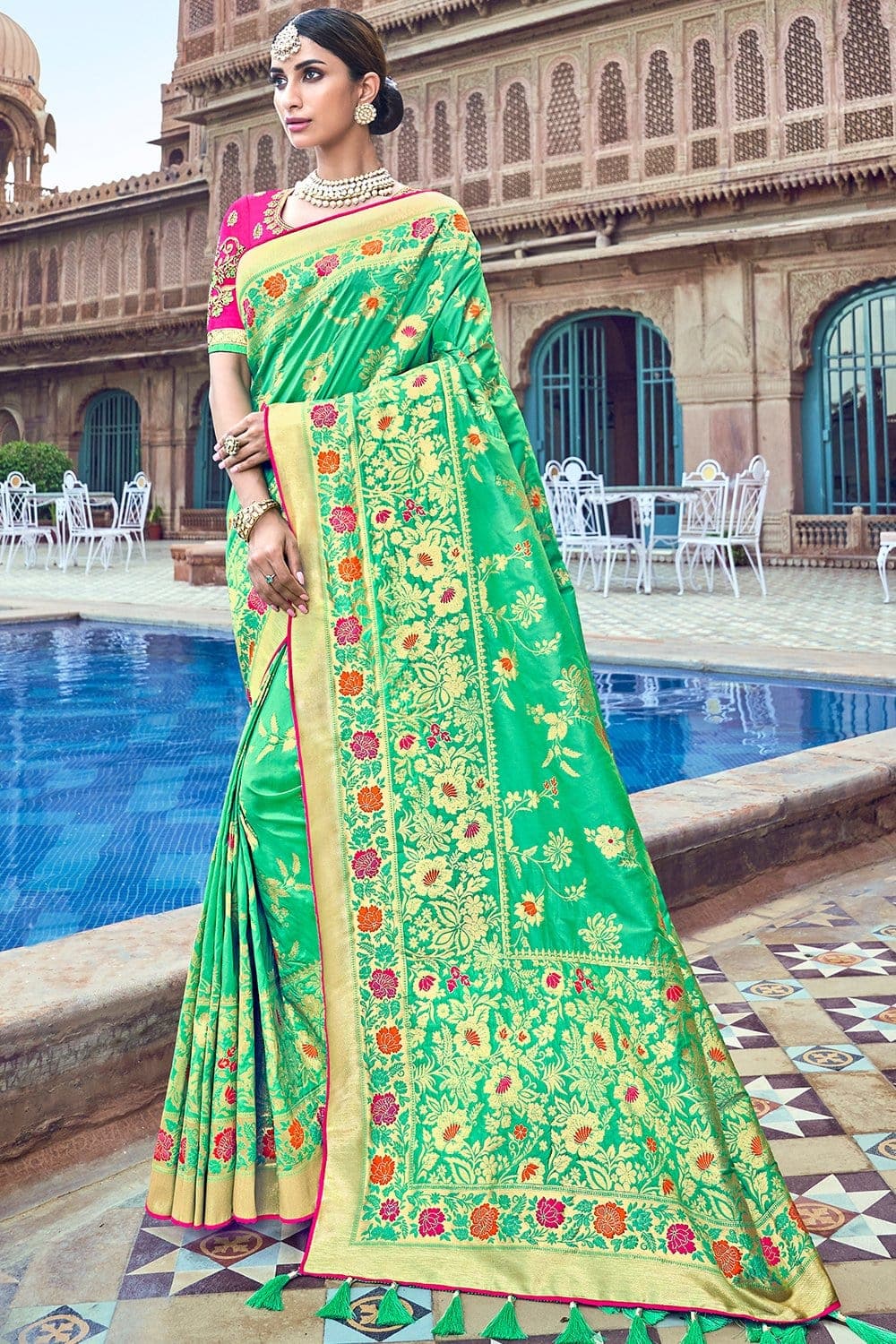 designer banarasi saree sea foam green woven designer banarasi saree with embroidered silk blouse silk saree online 14864984473703