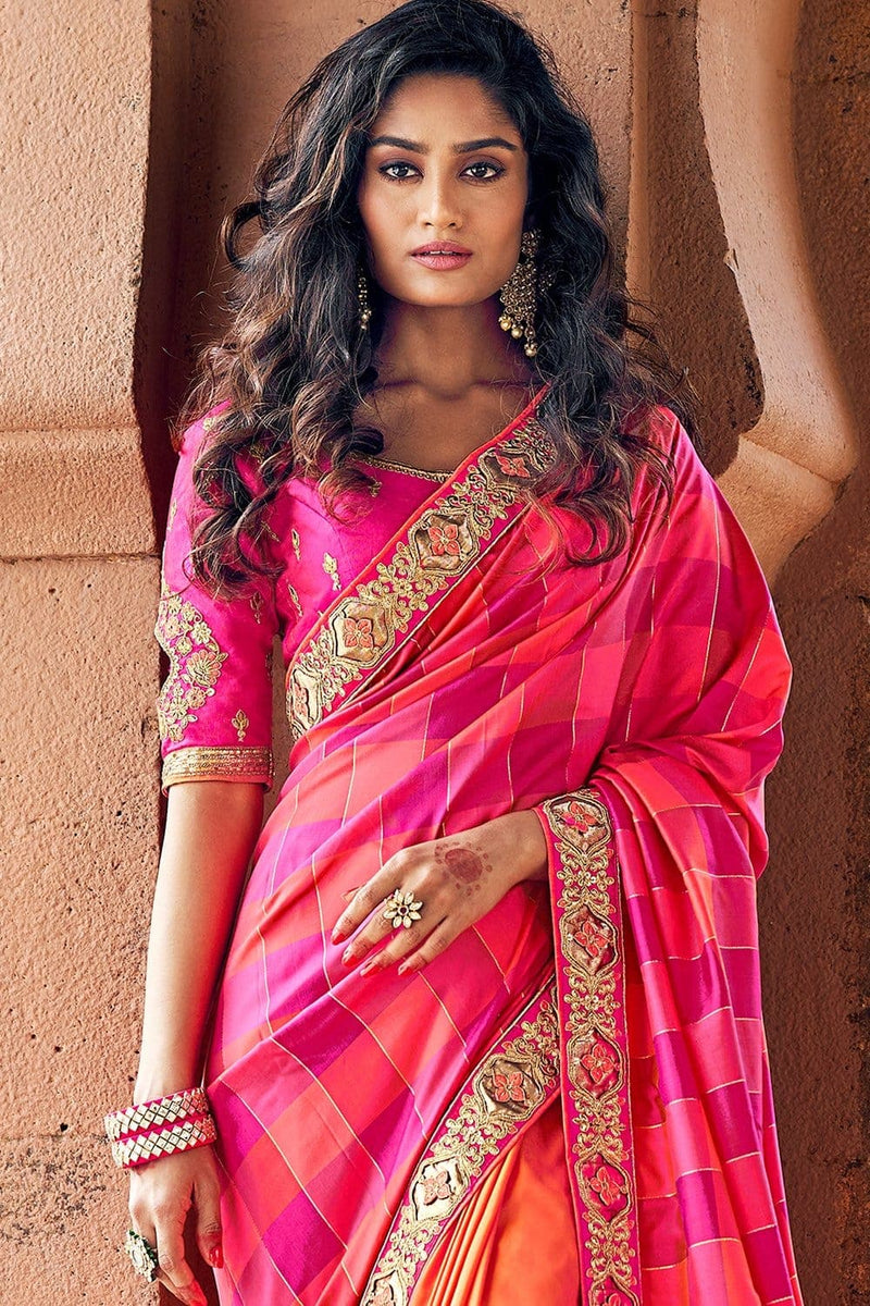 Buy Shades of pink woven designer banarasi saree with embroidered silk ...