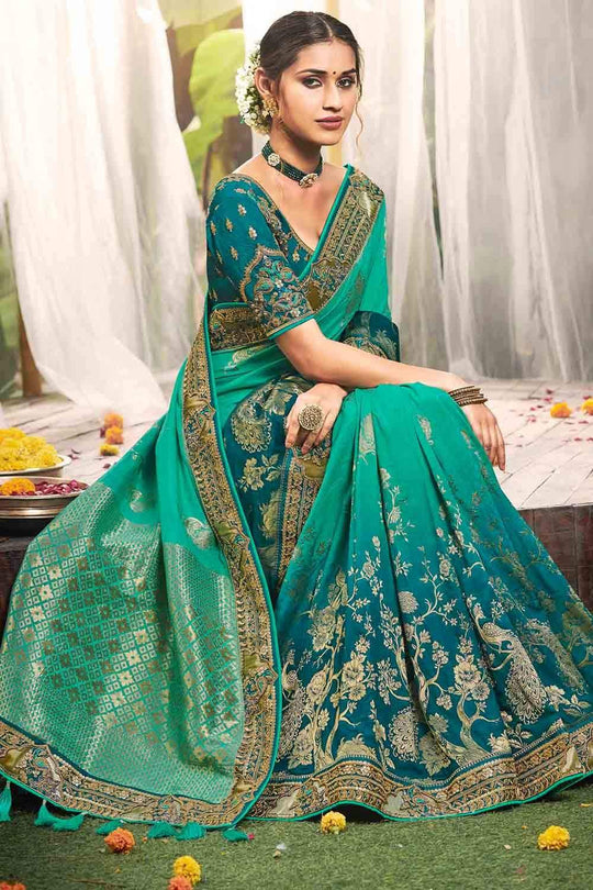 Buy Teal Blue Designer Banarasi Saree online-Karagiri