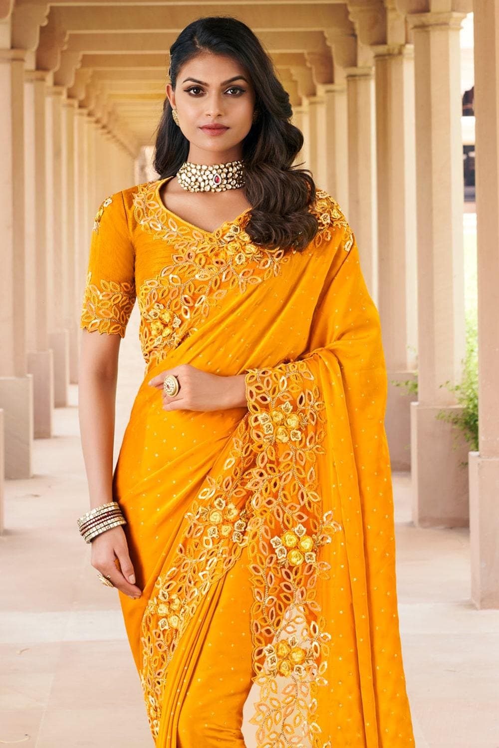 Roop - Yellow Flower Banarasi Saree with Gold Zari – WeaveinIndia