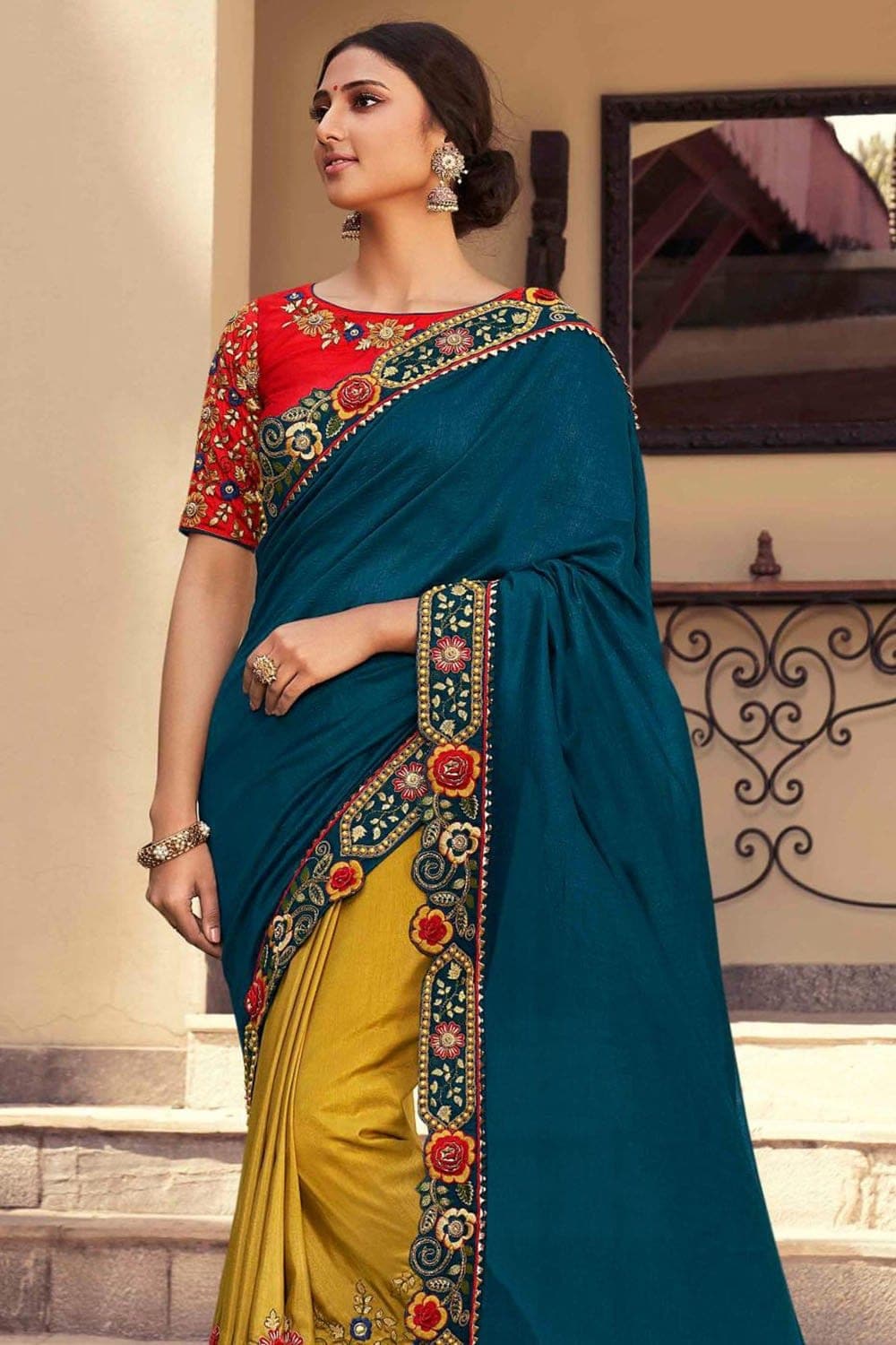 Buy Designer Saree | Aqua Blue And Yellow Handwork Embroidery Silk Saree At  Hatkay