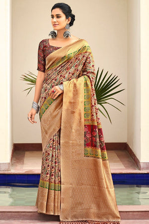 British Tan Beige Digital Print Saree