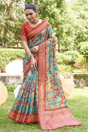 Cyan Blue Digital Print Saree