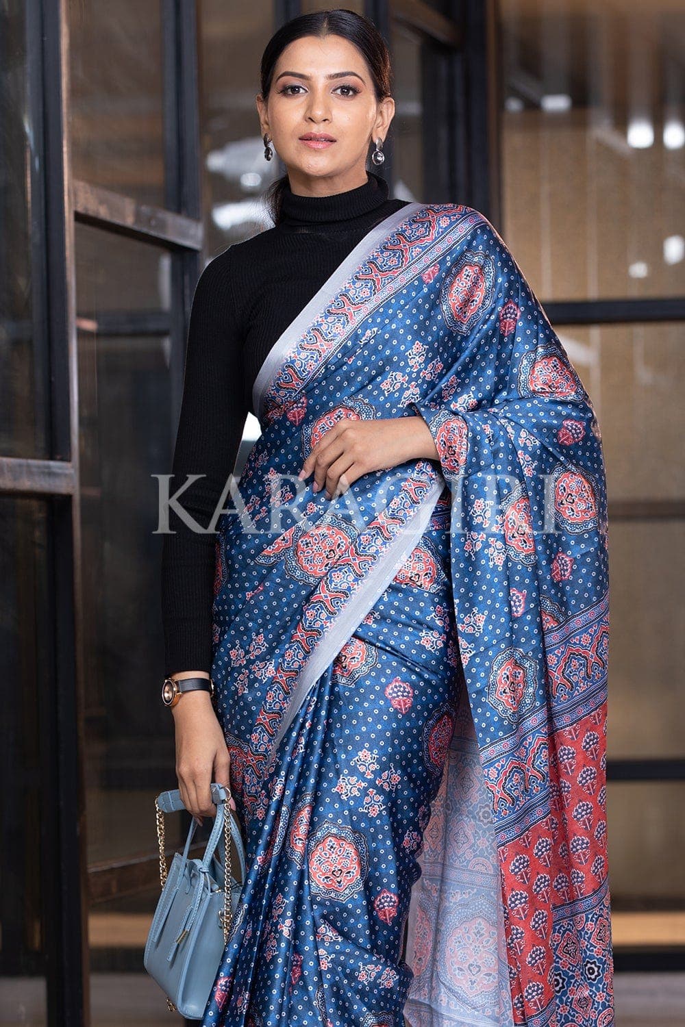 Buy (Dark Blue) Ajrakh Print Saree Online - Karagiri