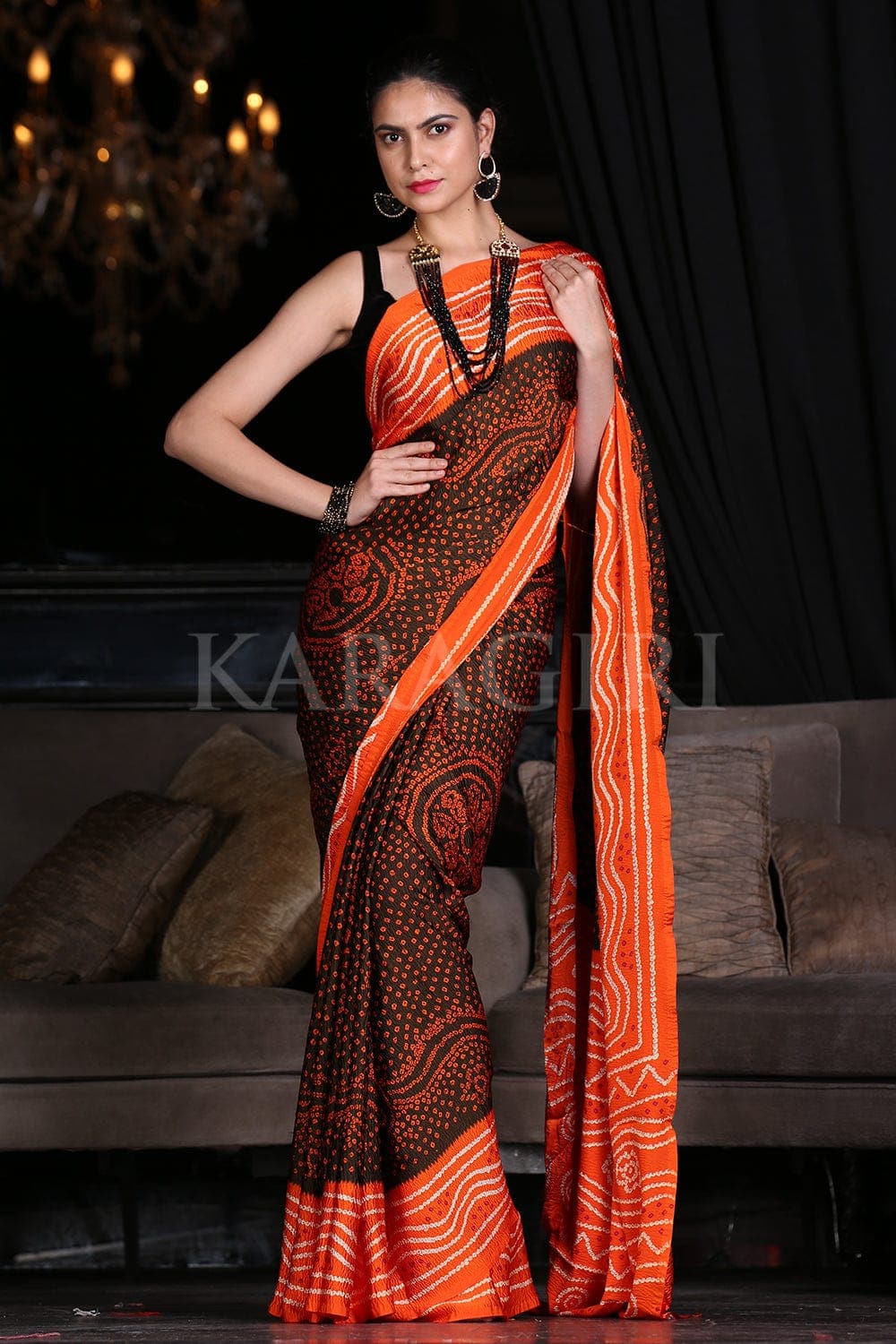 Orange Women Printed Chiffon Sarees With Blouse - Zakarto