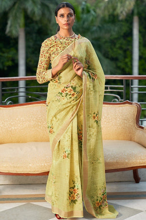 Lime Green Digital Print Saree