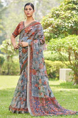 Metal Grey Digital Print Saree