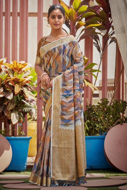 Grey & Light Cream Chanderi Silk With Digital Printed Saree, चंदेरी सिल्क  साड़ी - Bhakti Silk Mills, Surat | ID: 2851155677033