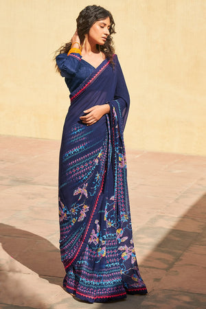 Navy Blue Digital Print Saree