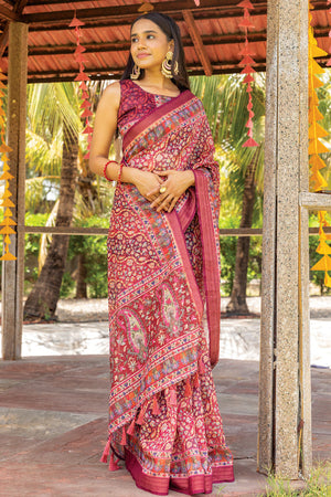 Redwood Maroon Digital Print Saree