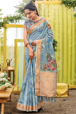 Sky Blue Digital Print Saree