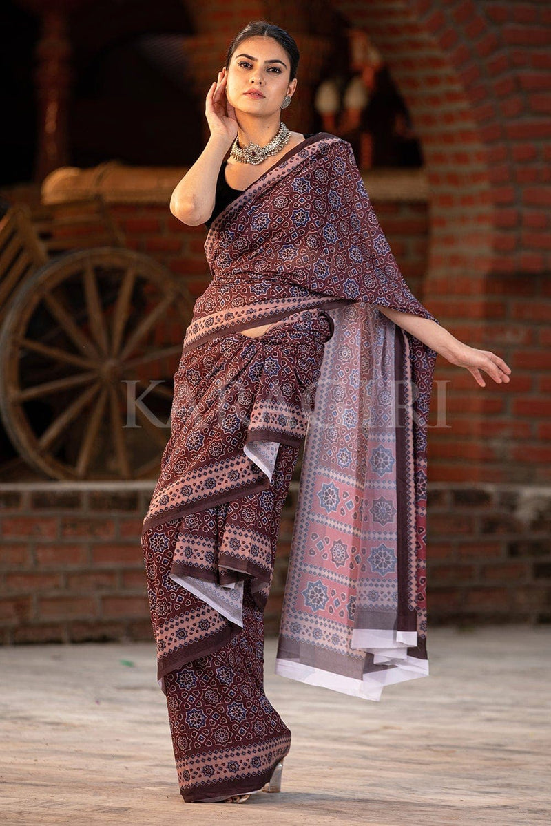 Buy Umber Brown Ajrakh Saree Online-Karagiri