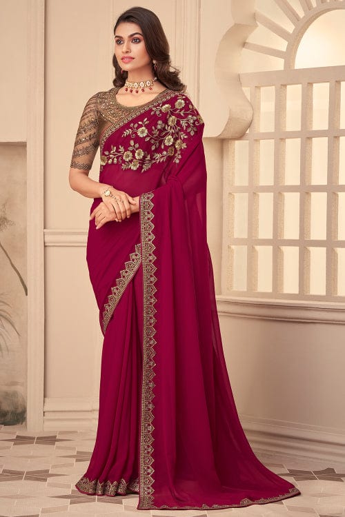 Maroon Color Embroidered Georgette Saree