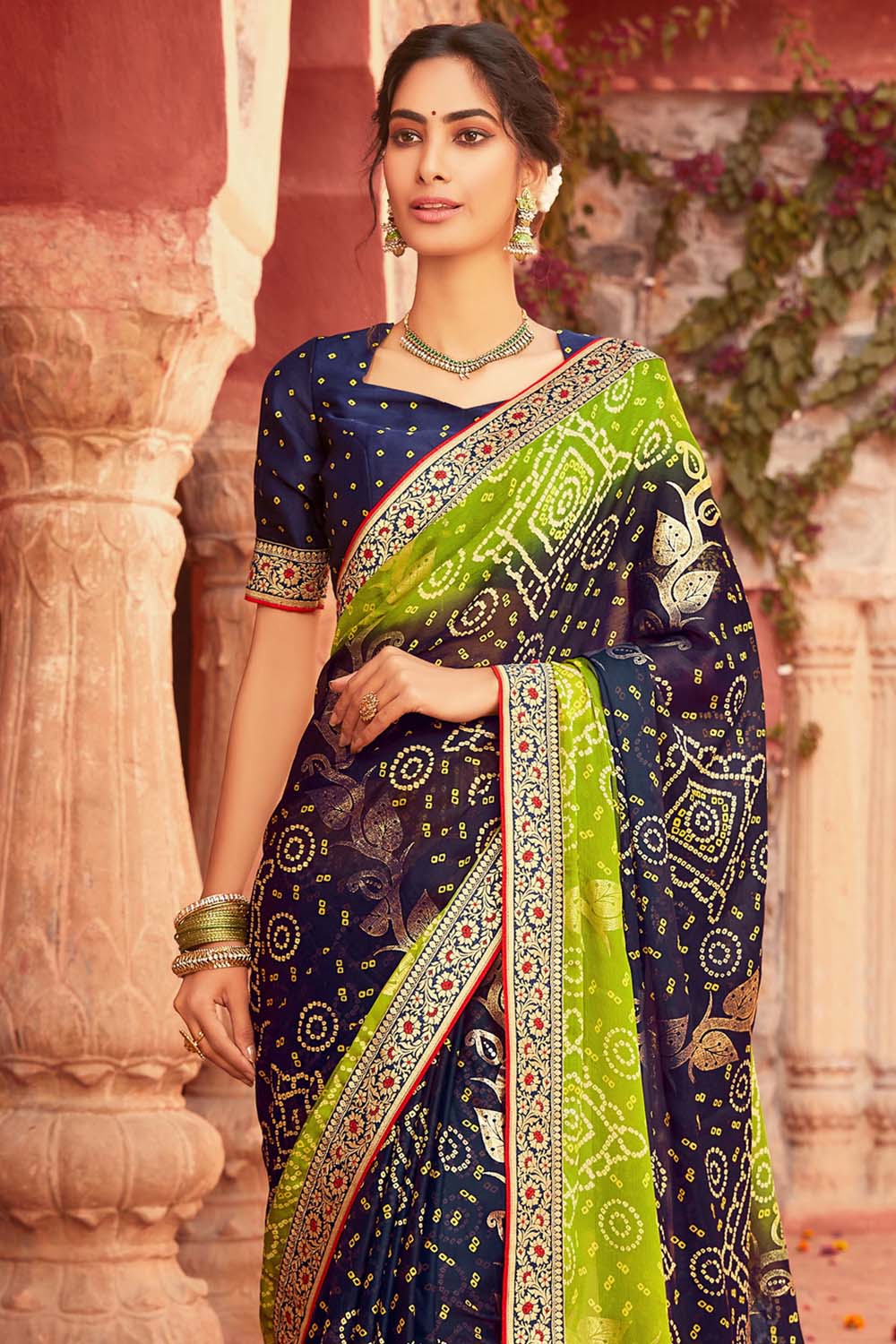 Sea Blue Zari Weaved Broad Border Bandhej Saree|SARV158308