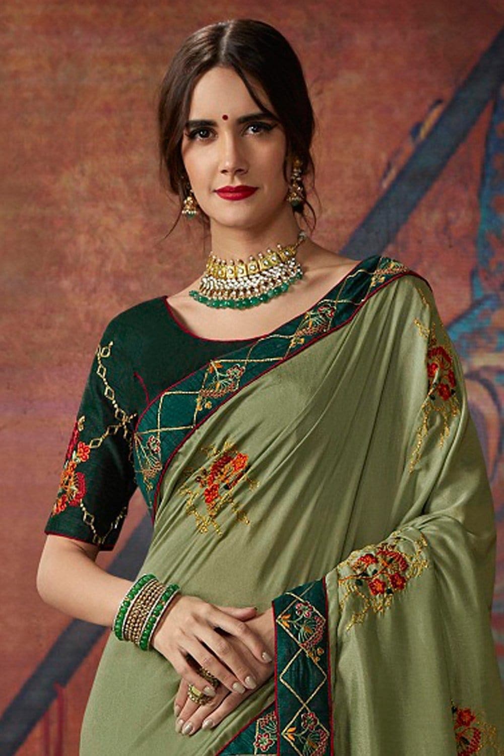 Buy Gross green georgette saree Online at Best Price - Roykals – Karagiri