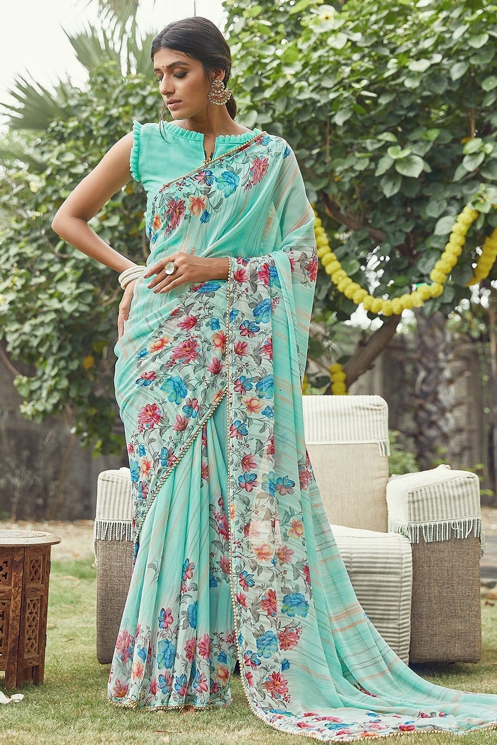 Georgette Party Wear Saree In Green WIth Embroidery Work & Crystal Stone  work