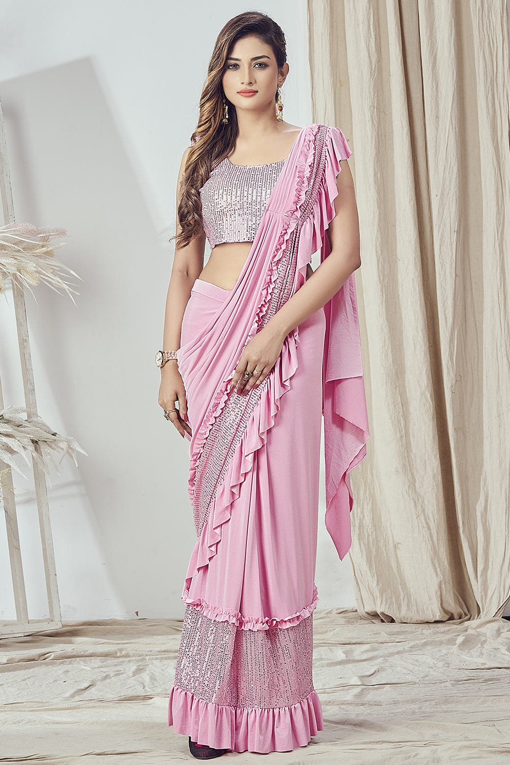 Light Pink Embroidered Work Georgette Saree – Maharani