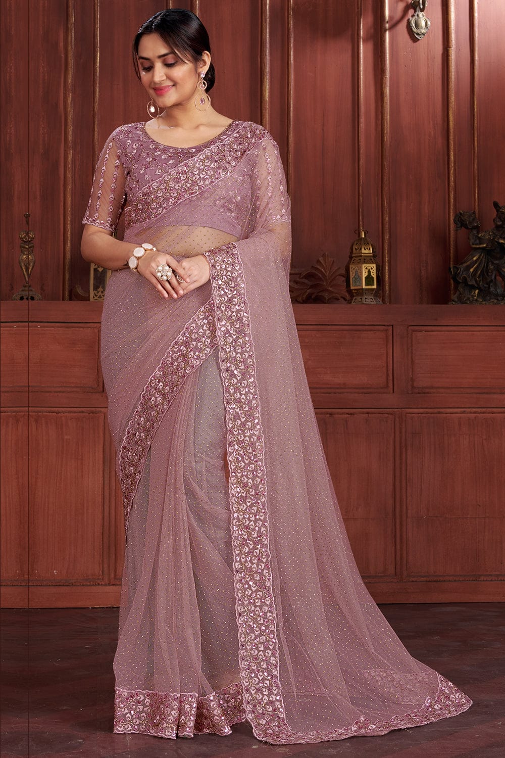 Shop Light Pink Chiffon Georgette Sari Online USA |Silver Zari Border –  Pure Elegance