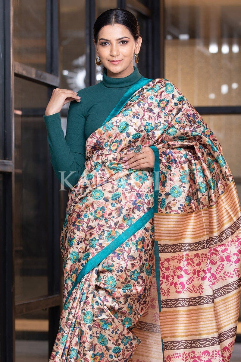 Buy Printed Sarees - Olympic Blue Kalamkari Saree | Karagiri