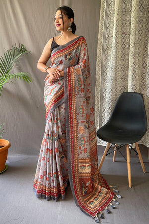 Pearl River Grey Kalamkari Saree