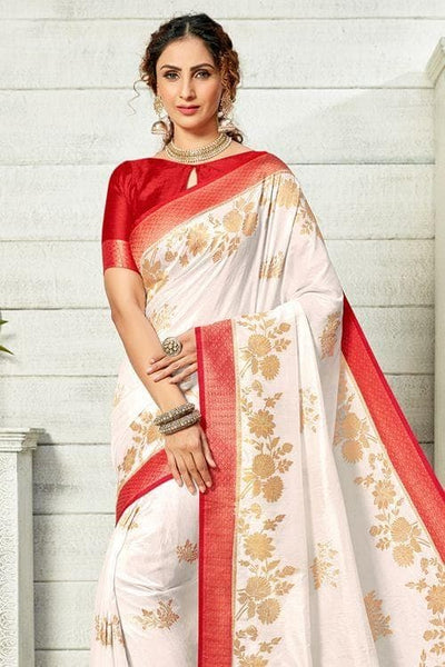 Dissemble White Kanjivaram Silk Saree With Embrocation Blouse Piece –  LajreeDesigner