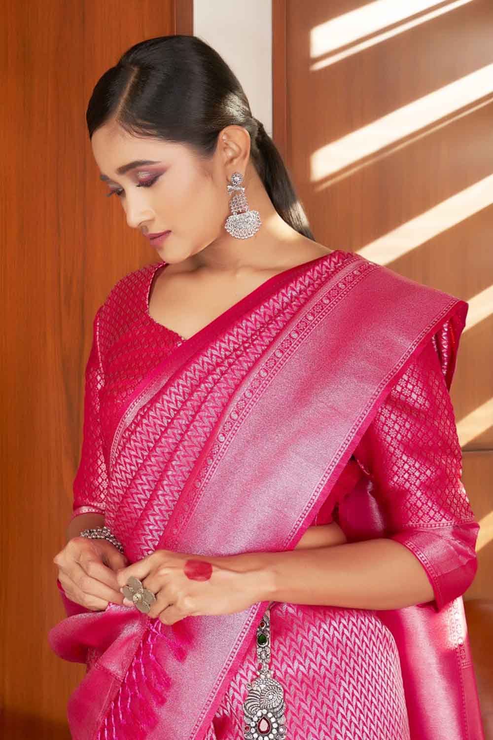 Flamingo Pink Kanjivaram Silk Saree With Silver Zari | Singhania's