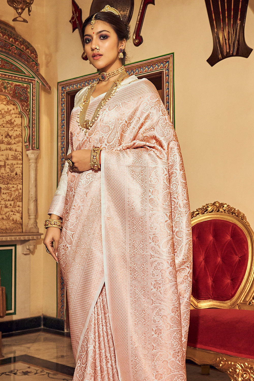 Buy Champagne Grey Embroidered Ready-To-Wear Saree In Knit Fabric