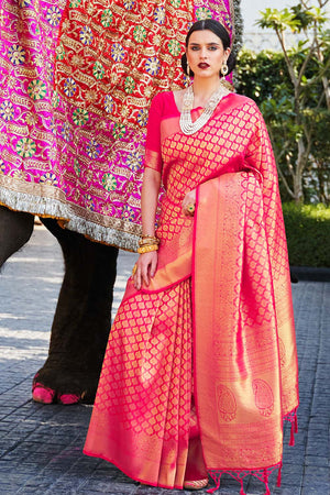 kanjivaram saree deep pink woven kanjivaram saree special wedding edition silk saree online