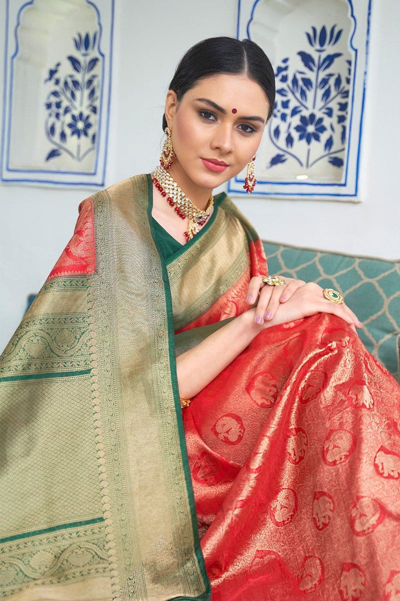 Buy Parrot Green Handcrafted Kanjivaram Silk Saree Online At Best Price ...