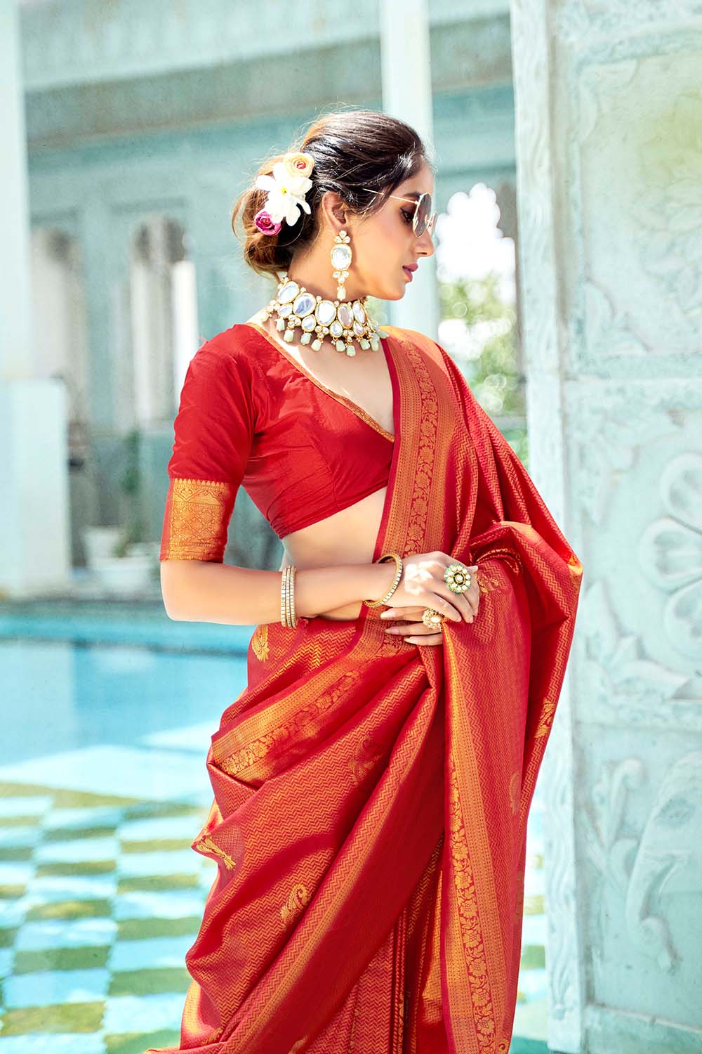 Buy Exclusive Red Kanchipuram Silk Saree at Rs. 1049 online from Fashion  Bazar Kanchipuram Silk Saree : FFSVKSSR