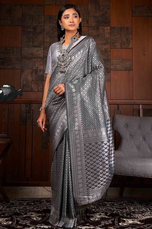 Buy the elegant Iron Grey Zari Work Kanjivaram Saree online-Karagiri