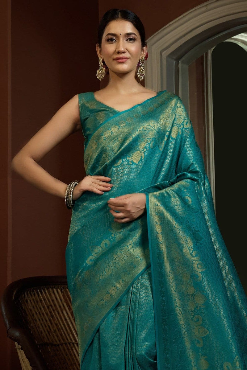 Buy Nifty Turquoise Green Kanjivaram Saree online-KARAGIRI | FESTIVE ...