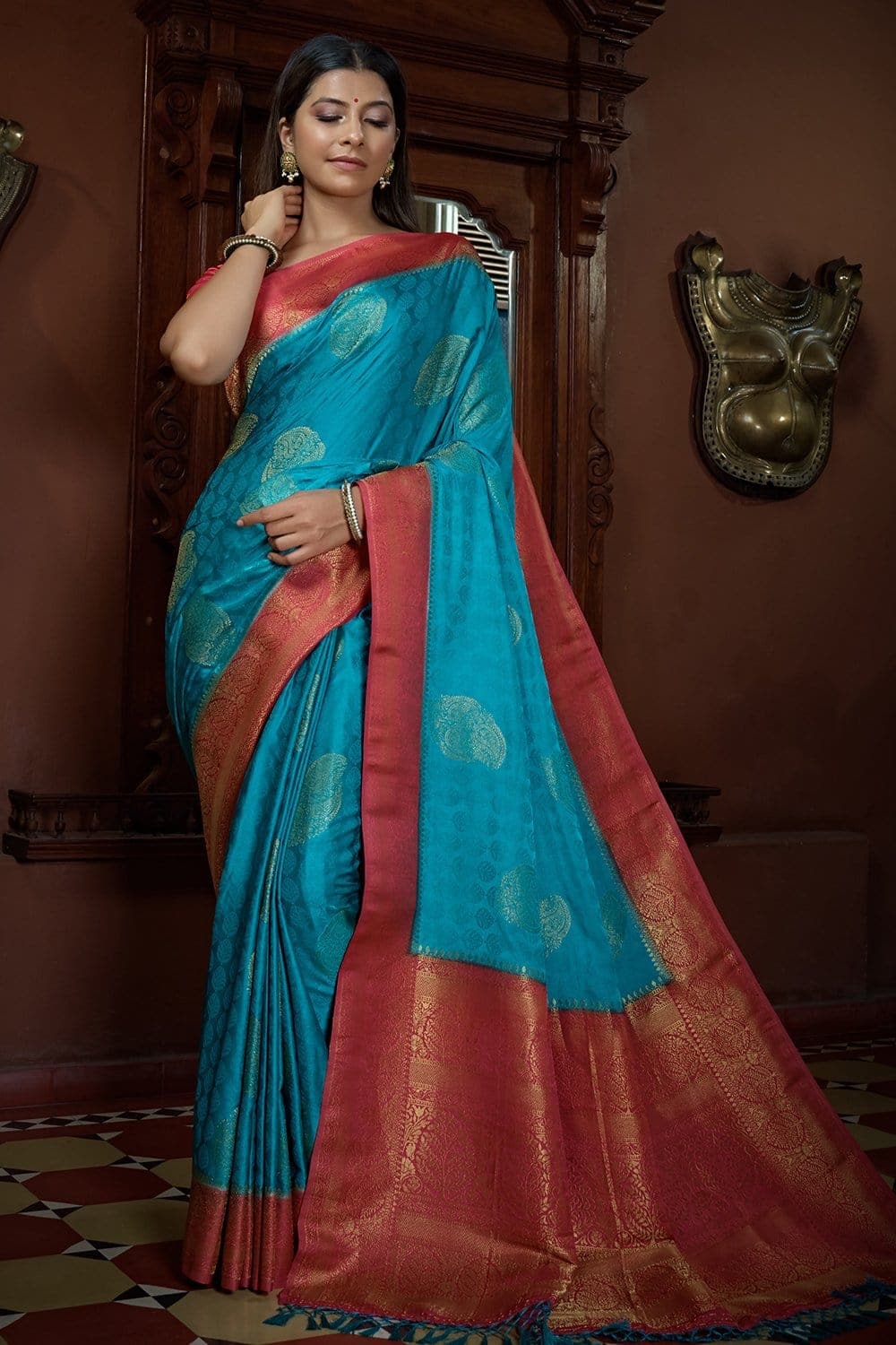 Buy Olympic Blue Kanjivaram Saree online-Karagiri