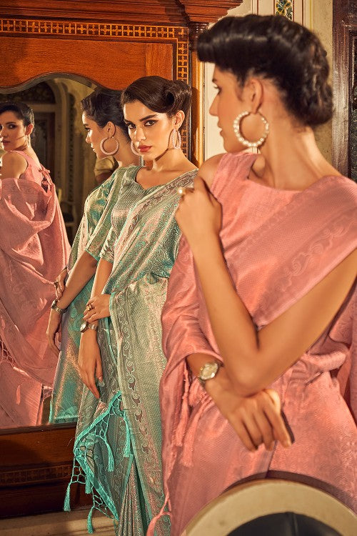 Buy HOUSE OF BEGUM Women's Peach Copper Zari Kanjivaram Silk Saree With  Blouse Piece | Shoppers Stop