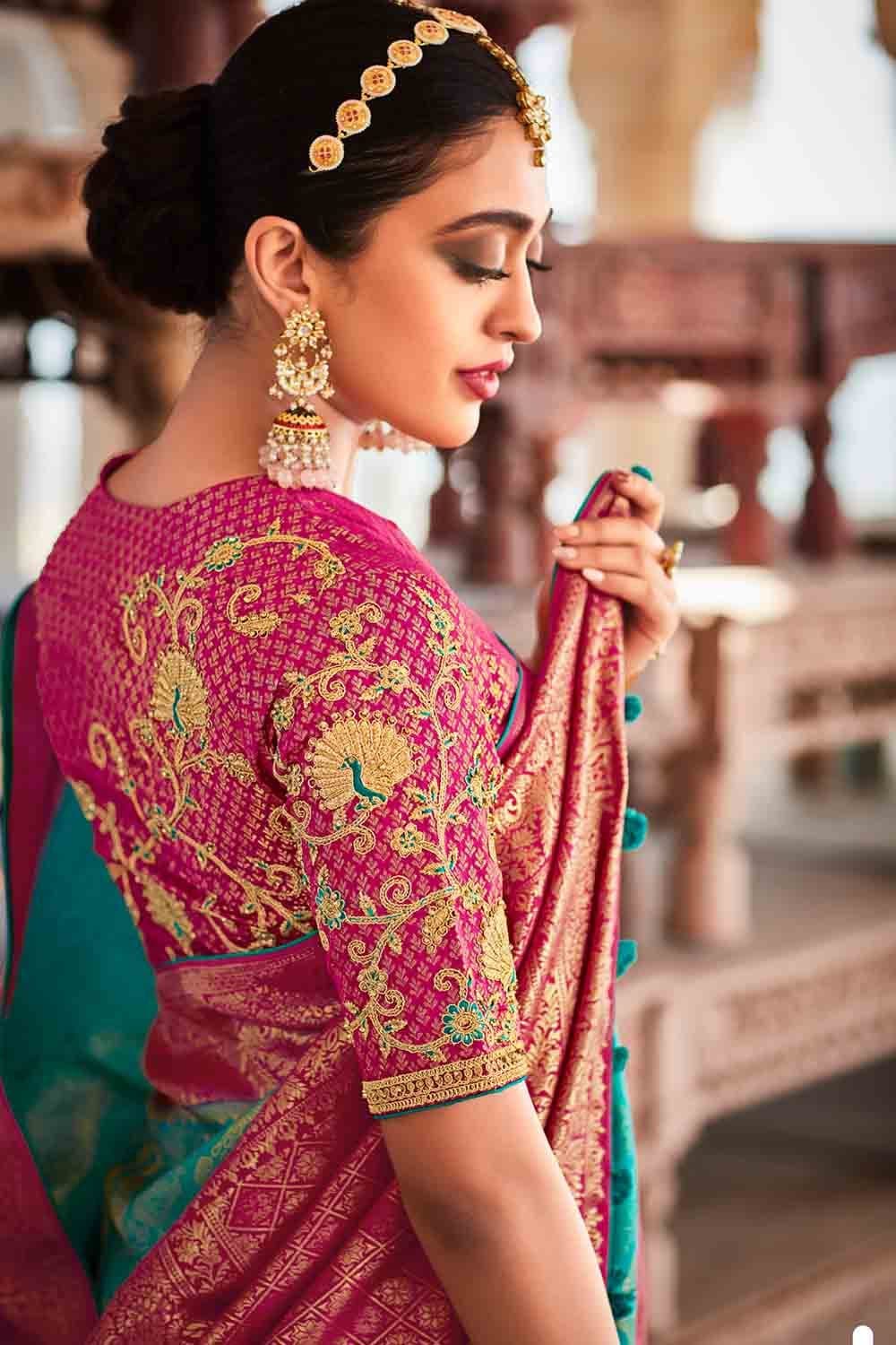 Peacock Blue Silk Saree With Small Buttas On The Body Mango And Chakra –  Kumaran Silks