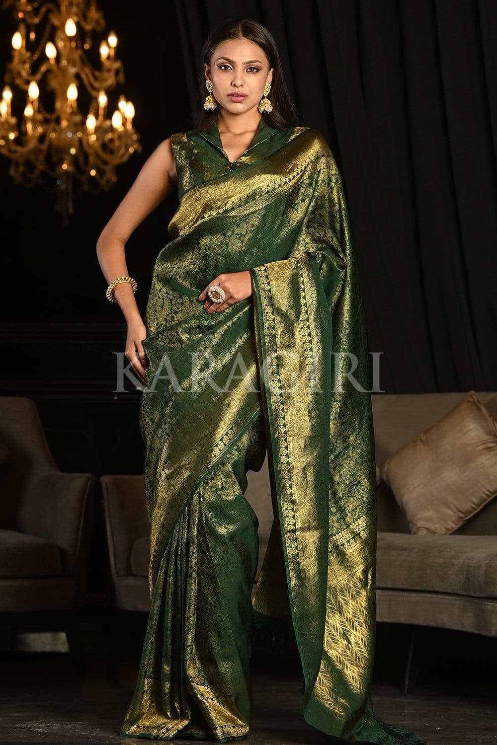 Buy online Dark Green Silk Blend Kanjivaram Saree With Blouse from ethnic  wear for Women by Zinzraa for ₹1499 at 50% off | 2024 Limeroad.com