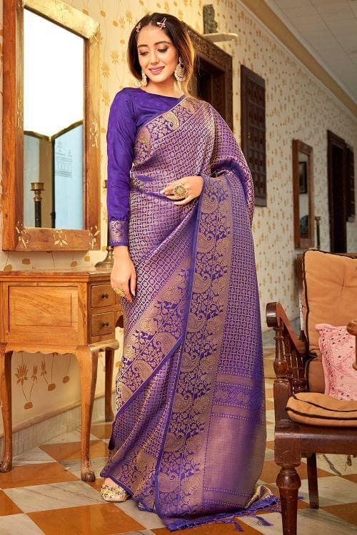 Stunning Purple Colour Saree With Rama Border & Heavy Brocade Blouse  Banarasi Beautiful Zari Work In Form Of Traditional Motifs Soft Silk Saree