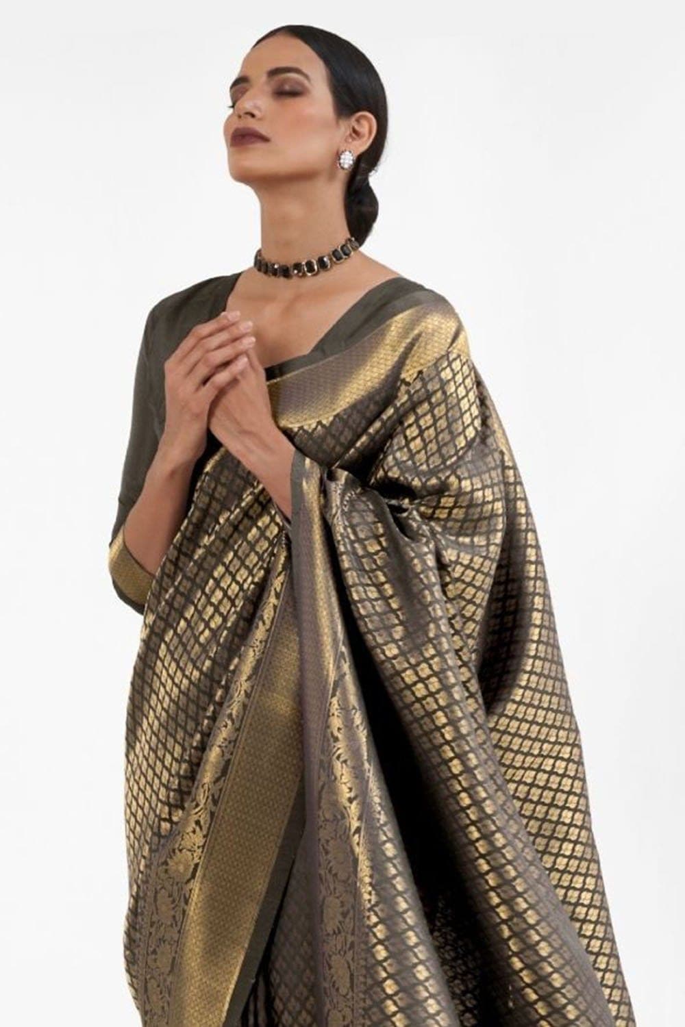 Soot Black & Golden Blend Kanjivaram Silk Saree - Cloths