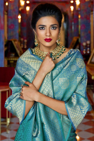 Green With Royal Blue Combination And Royal Blue Blouse Lichi Silk Bea –  garment villa