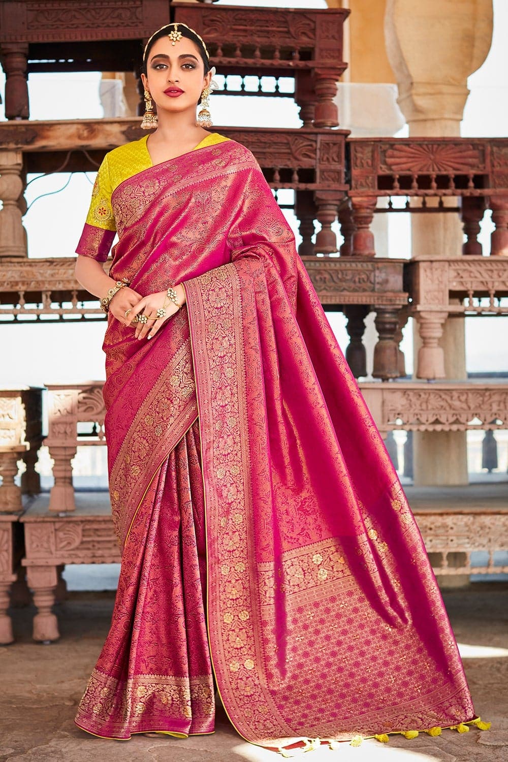 Bright Pink Soft Brocade Kanjivaram Saree – StylebyPanaaash