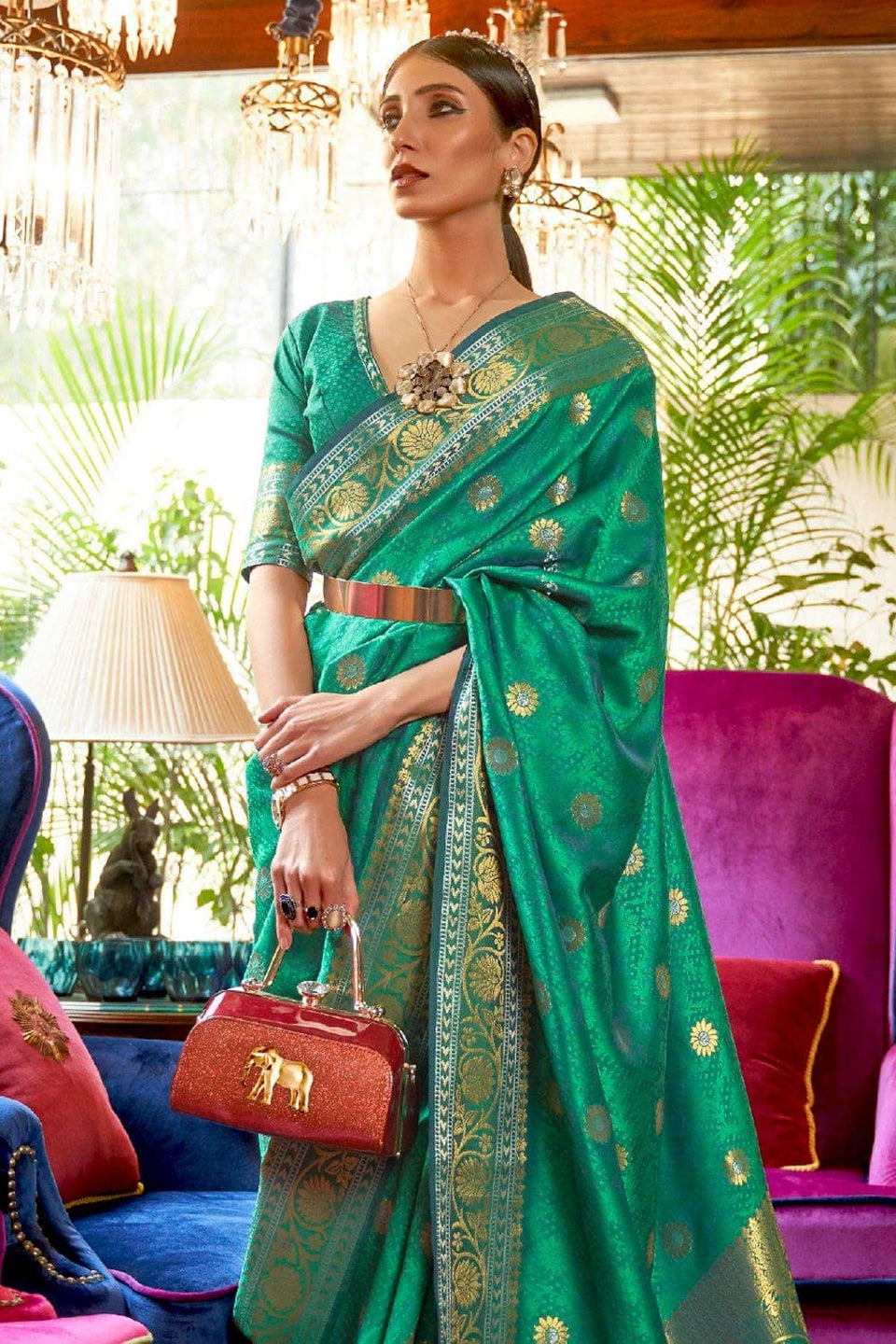 Buy Teal Blue Kanjivaram Saree online-Karagiri