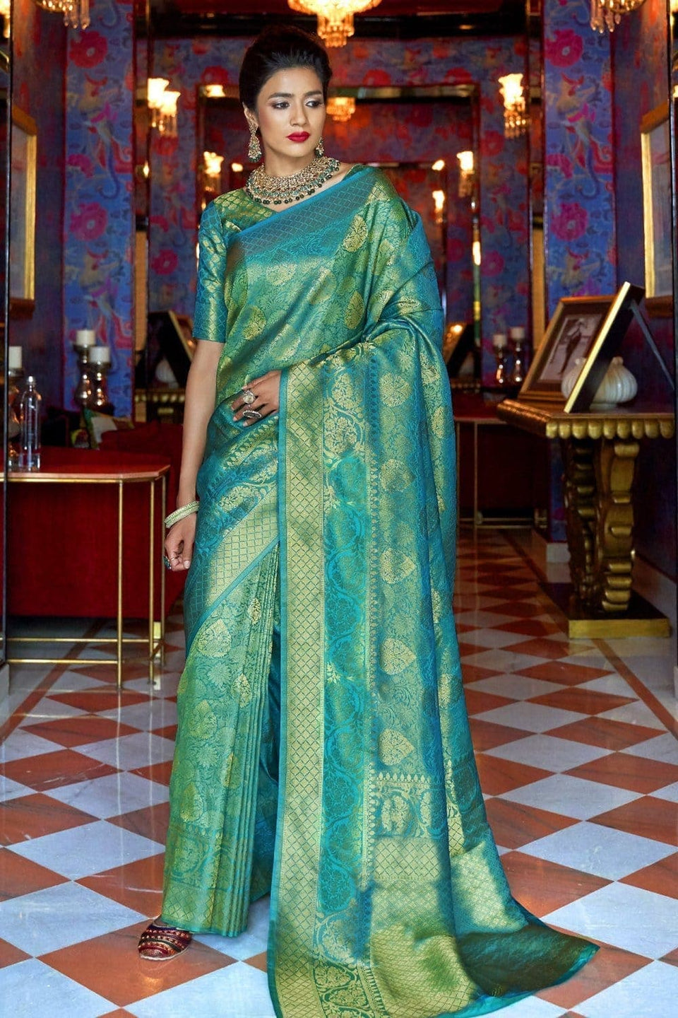 Buy Teal Green Handcrafted Kanjivaram Saree online at best price – Karagiri