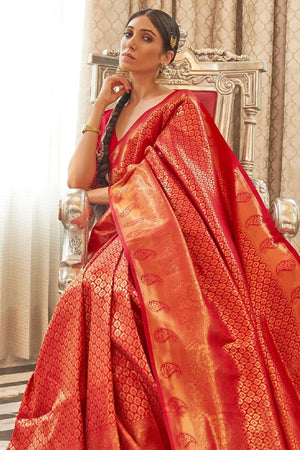 Cream and Red color silk sarees with all over floral with gap kanchi border  design -SILK0008897