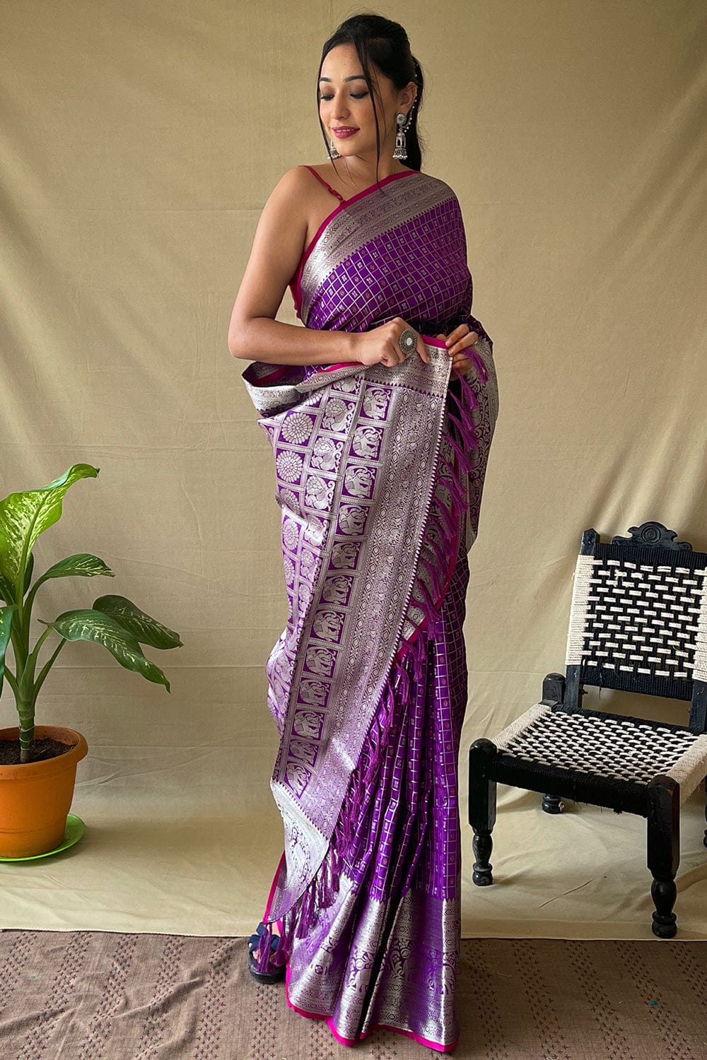 Violet Kanchipuram Silk Saree with Silver Zari Work