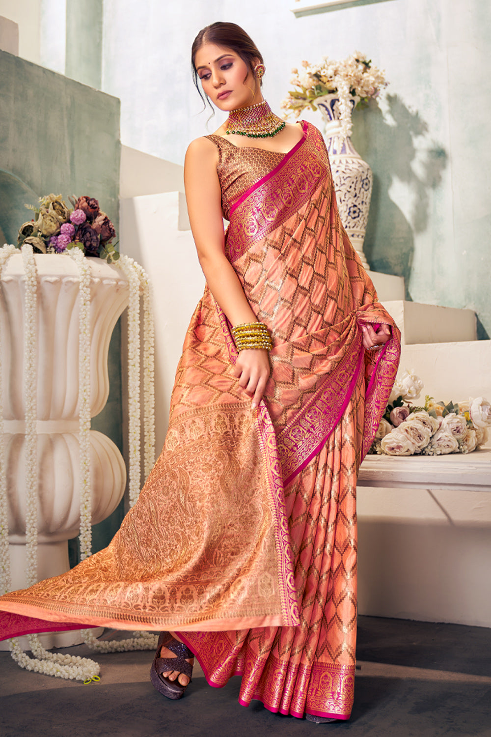 Buy Blush Peach Color Pure Khaddi Georgette Banarasi Saree wtih Meenakari  Buti and Zari Work At IndyVogue