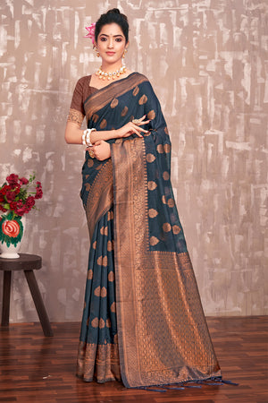 Denim Blue Cotton Silk Saree