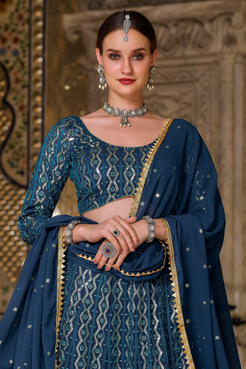 Buy Navy Blue Lehenga with a Red Blouse and an Ivory Dupatta by NIDHI  THOLIA at Ogaan Online Shopping Site