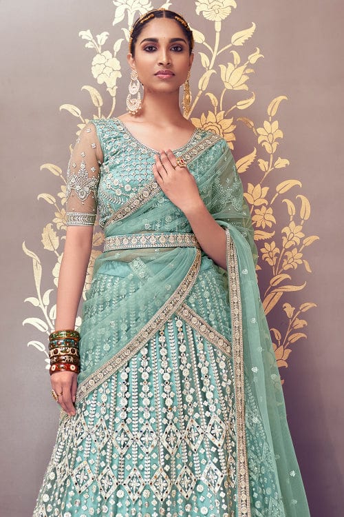 Turquoise Blue Net Sequinse Embroidered Semi-Stitched Lehenga & Blouse with  Dupatta - Panchhi Fashion - 4144333