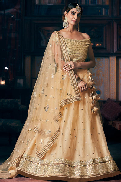 Beige Gold Designer Heavy Embroidered Net Wedding & Bridal Lehenga | Designer  lehenga choli, Party wear lehenga, Choli dress