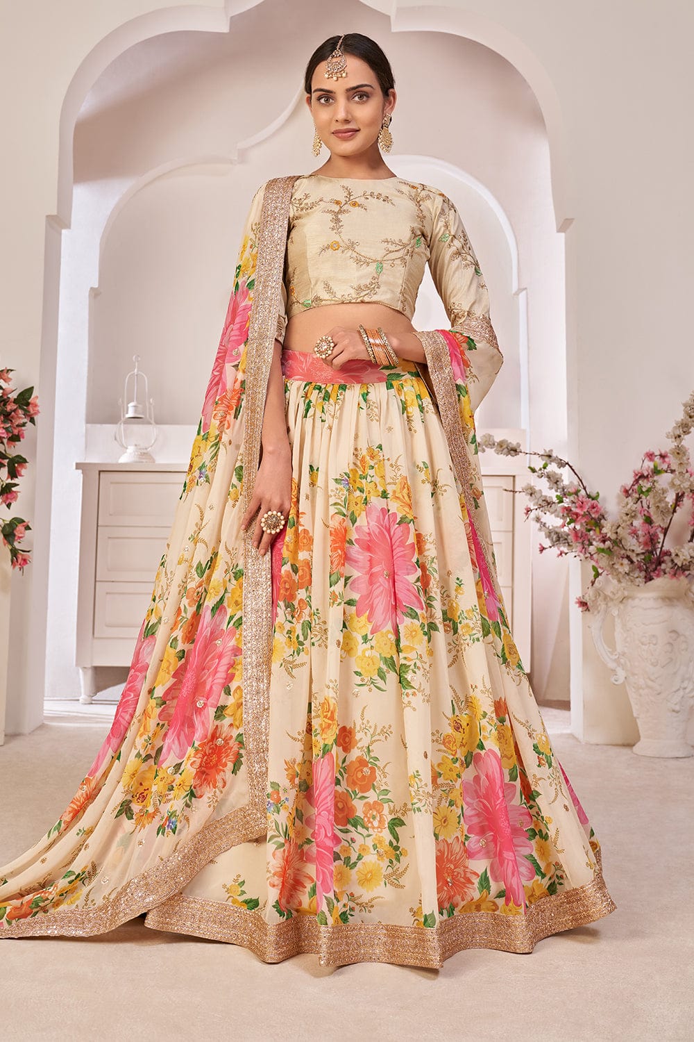 Buy Cream Lehenga And Blouse Silk Embroidered Floral Plunged V Bridal Set  For Women by Samyukta Singhania Online at Aza Fashions.